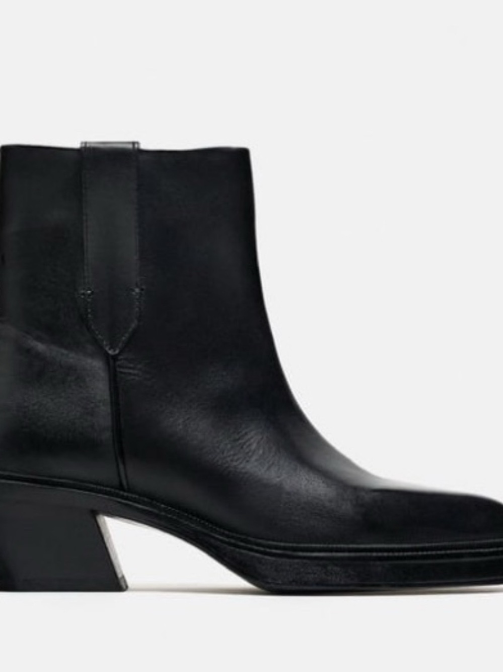 Zara Black Leather Mid-Heel Ankle Boot